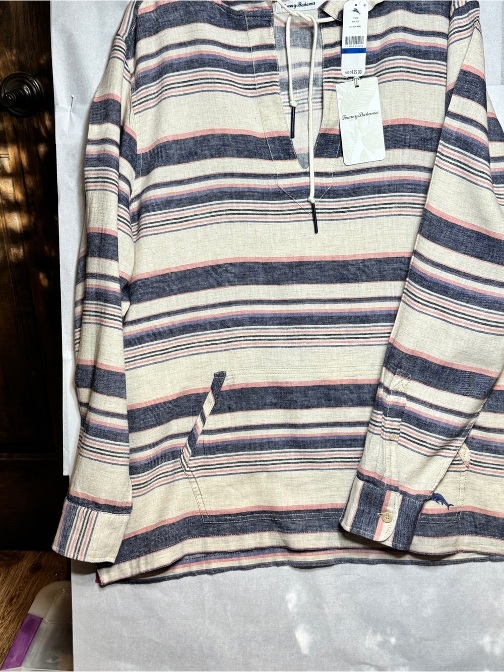 Tommy Bahama Striped linen Boho Beach Hoodie in Cream, Navy & Blue Size XL (NWT)